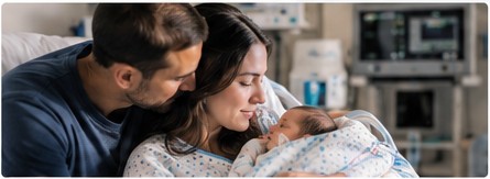 Parents sharing a quiet moment with their newborn in hospital